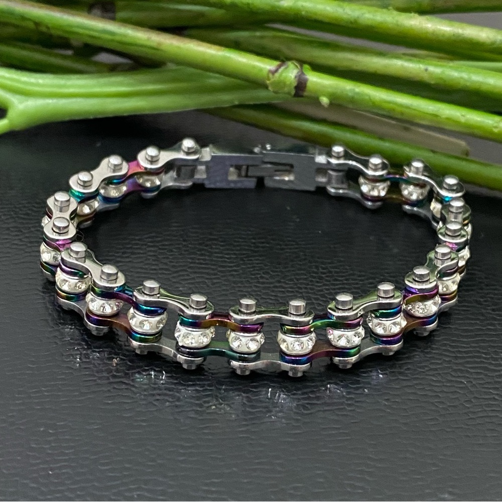 Rainbow Stainless Steel Bling Mini Motorcycle Bike Chain Bracelet 28.7g
